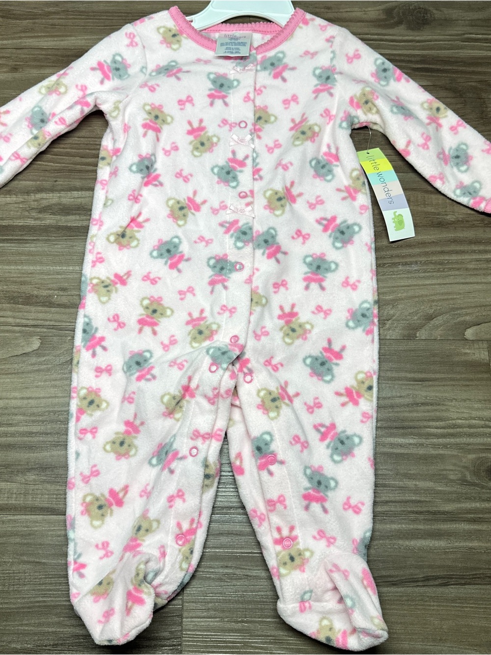 Little Wonders Baby Pink & Gray Koala Bow Babygirl Fleece 3-6MFooted One Piece